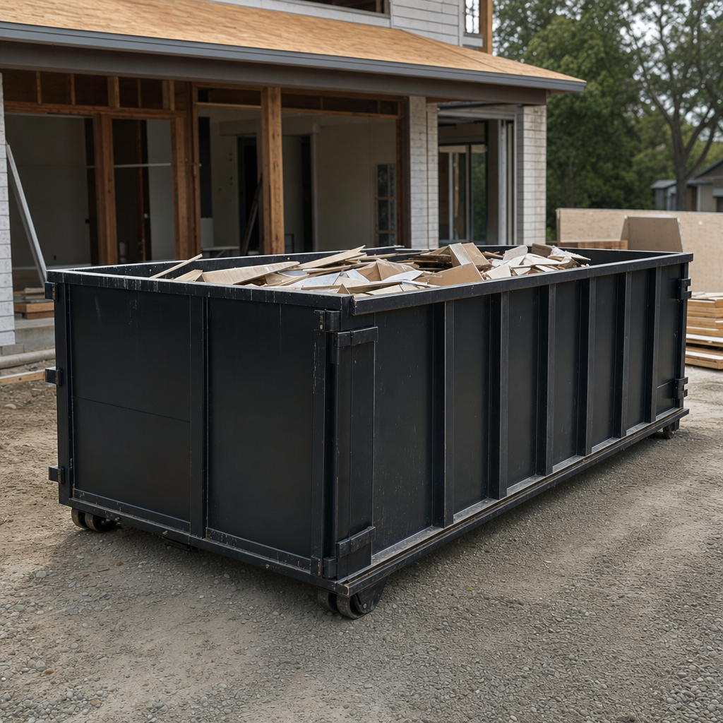 Large matte-black 30-yard construction roll-off dumpster at an active Grovetown jobsite, steel-gray top rails and bottom rollers visible, loaded with construction debris.