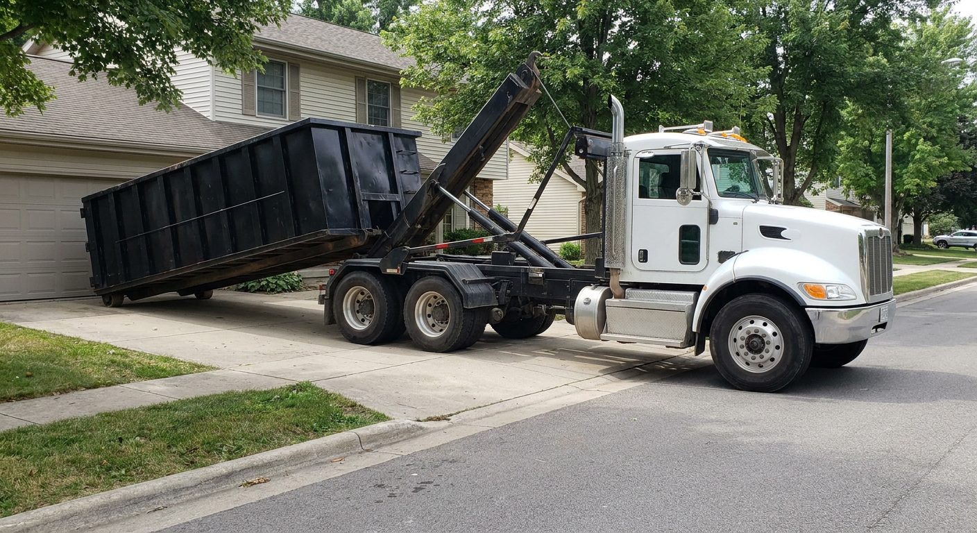 White-cab hooklift roll-off truck actively lowering a matte-black dumpster onto a Grovetown residential concrete driveway, the dumpster's rear wheels touching the driveway as the hoist arm tilts the bed forward, mid-morning daylight.